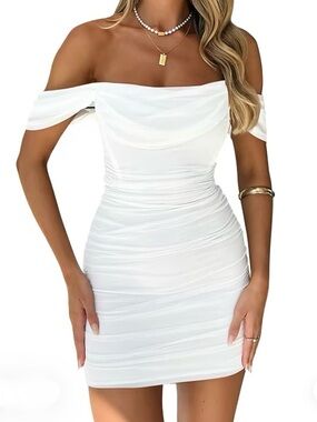 NWT OYS Size Medium White Mini Ruched Bodycon Dress‎ Sleeveless Off Shoulder